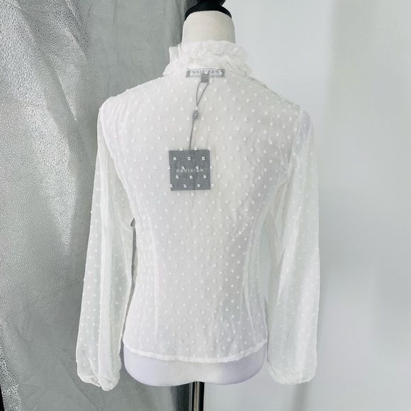 White Polka Dot Long Sleeve High Neck Ruffle Blouse Top - Picture 13 of 15